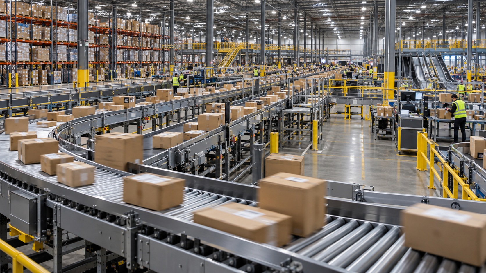 Distribution center conveyor system with high-volume sortation and belt conveyor lines