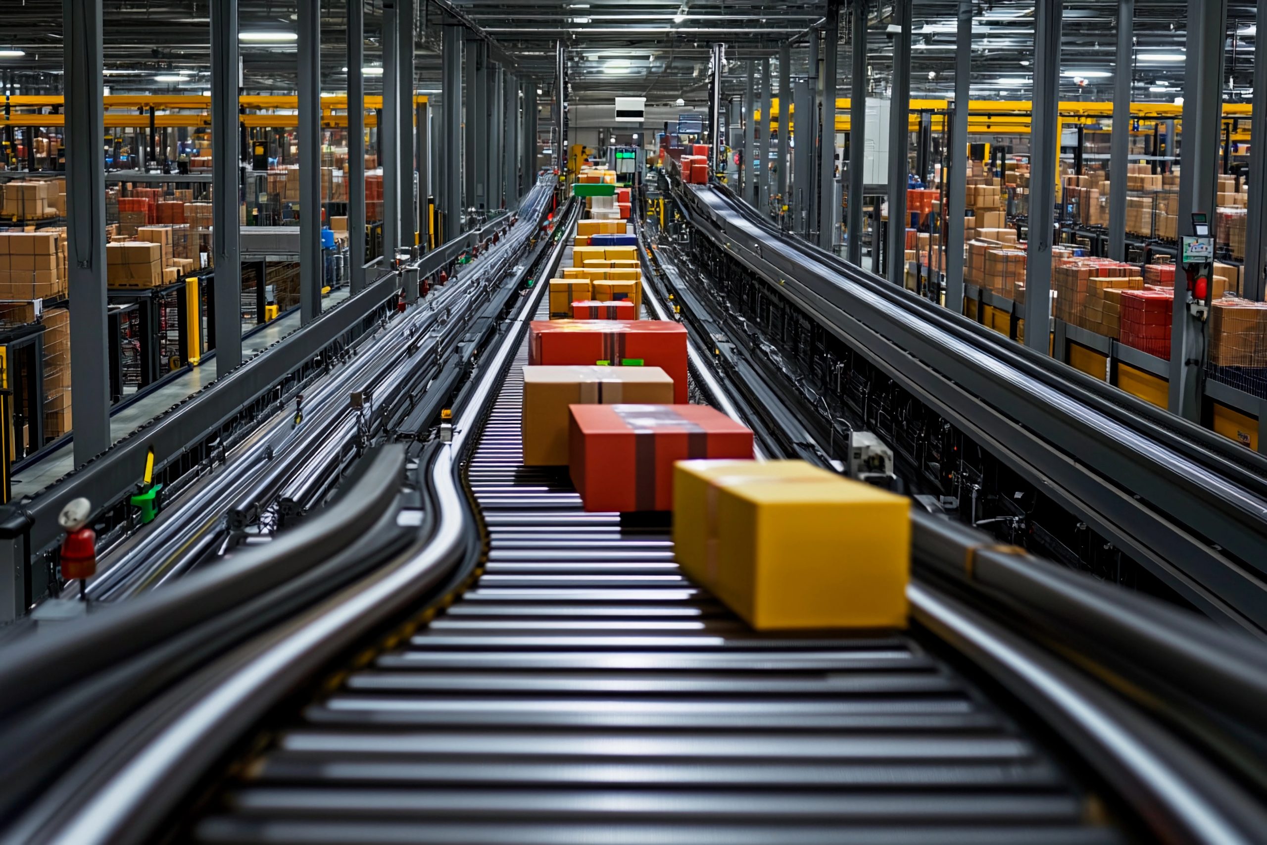 Automated conveyor system moving products through a warehouse facility