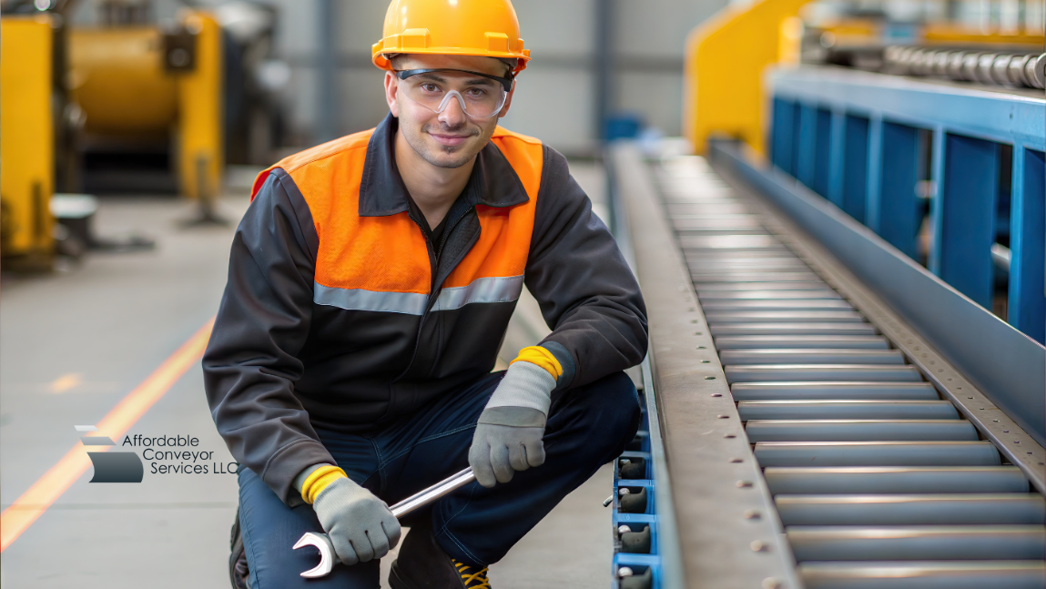 Industrial conveyor system with safety guards and emergency stop labels installed