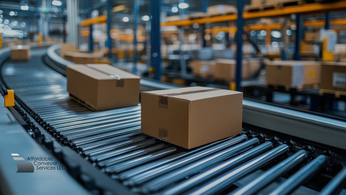 Modern conveyor system upgrade improving material flow and production speed in a warehouse setting
