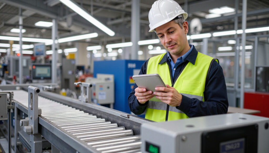 Conveyor technician responding to emergency call with tools and replacement parts