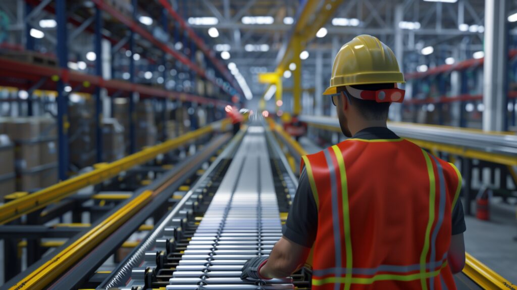 Technician performing routine maintenance on a conveyor system in a warehouse