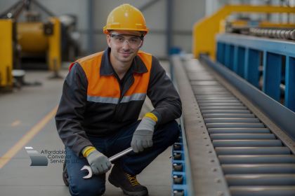 Technician performing routine maintenance on a conveyor system in a warehouse