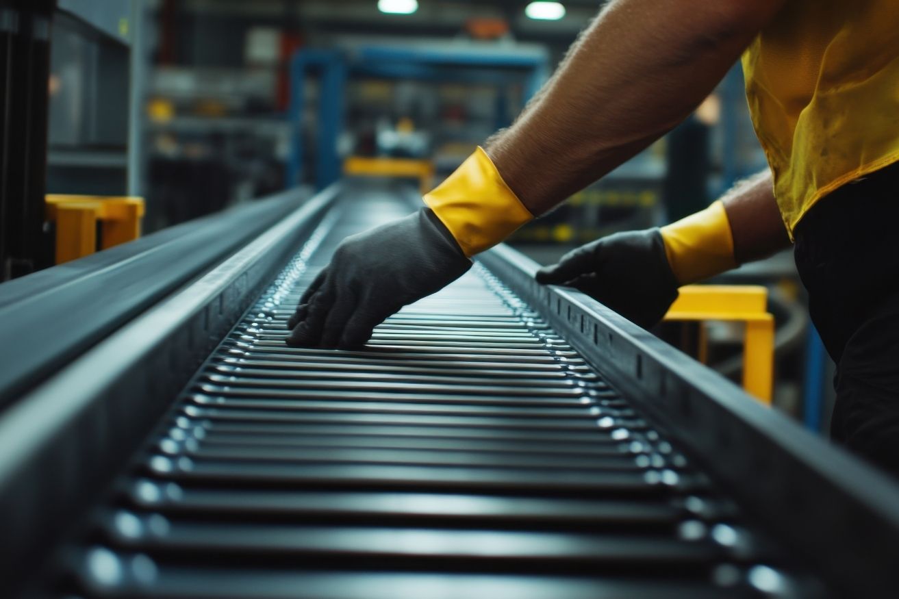 Technician conducting a safety inspection on conveyor system safety guards