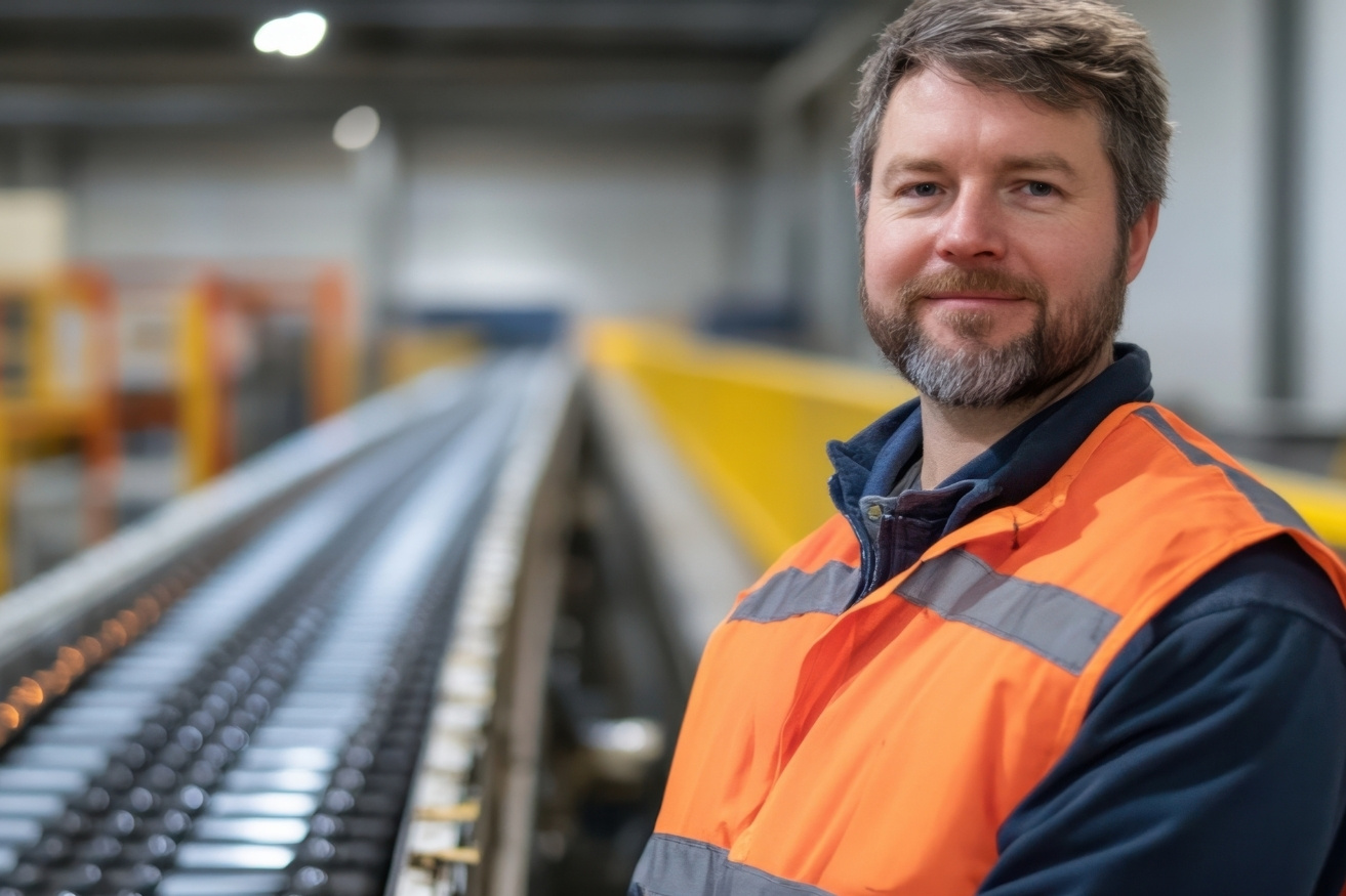 Technician conducting a safety inspection on conveyor system safety guards