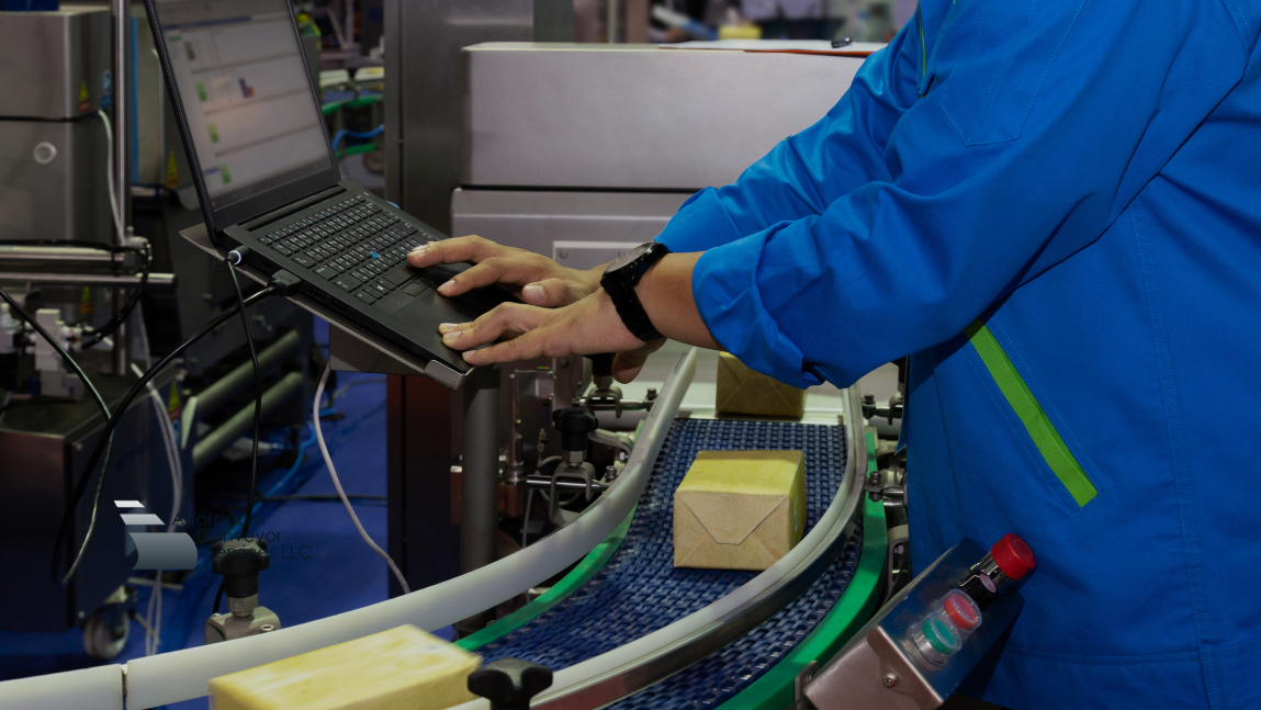 Technician inspecting conveyor belt for wear, damage, and alignment issues